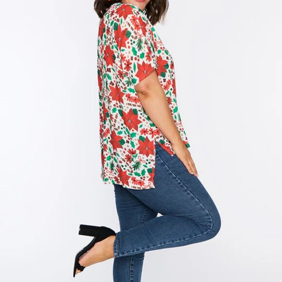 Poinsettia Print Loose Top. Little Party Dress Serena Flowers of Christmas Top. - Picture 4 of 10